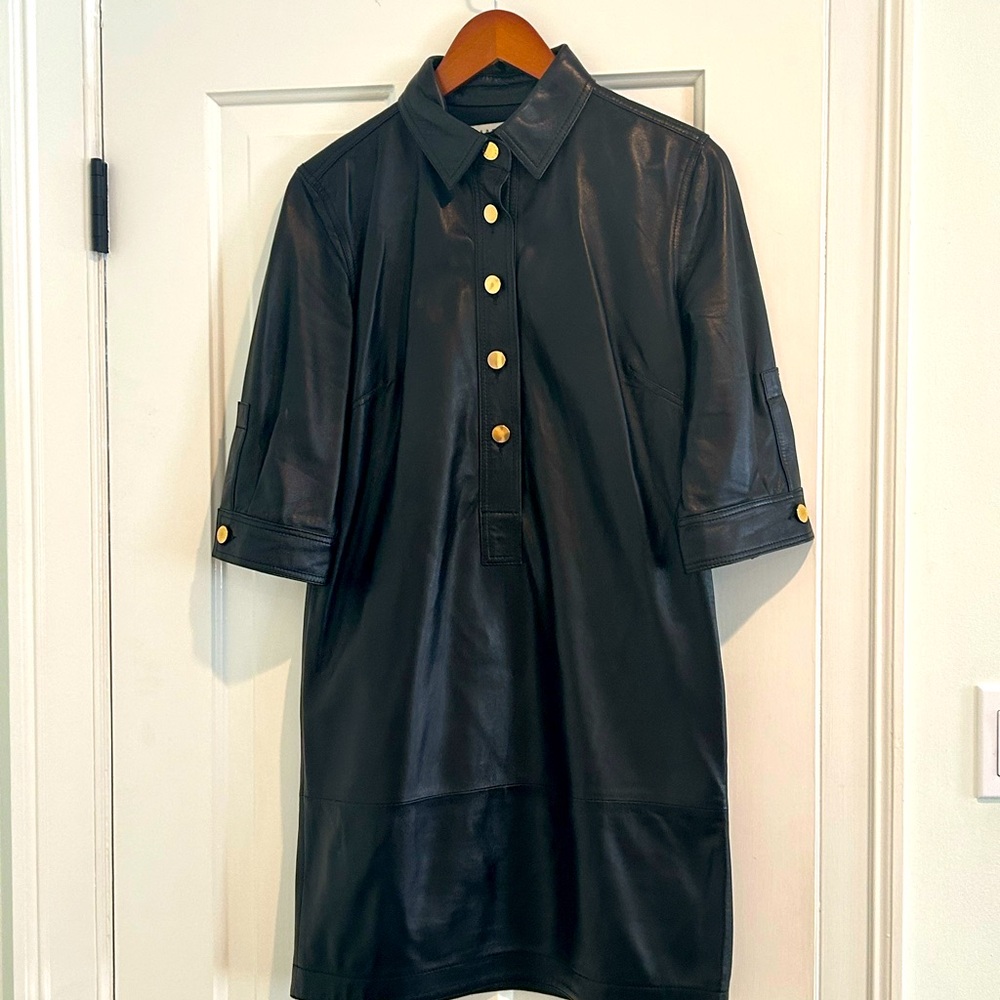 SANDRO lamb skin shirt dress with 3/4” sleeves.